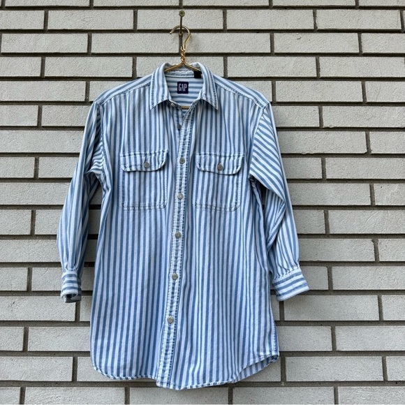 Vintage GAP Blue White Stripe Cotton Button Down Shirt Point Collar 90s XXL - Picture 1 of 8